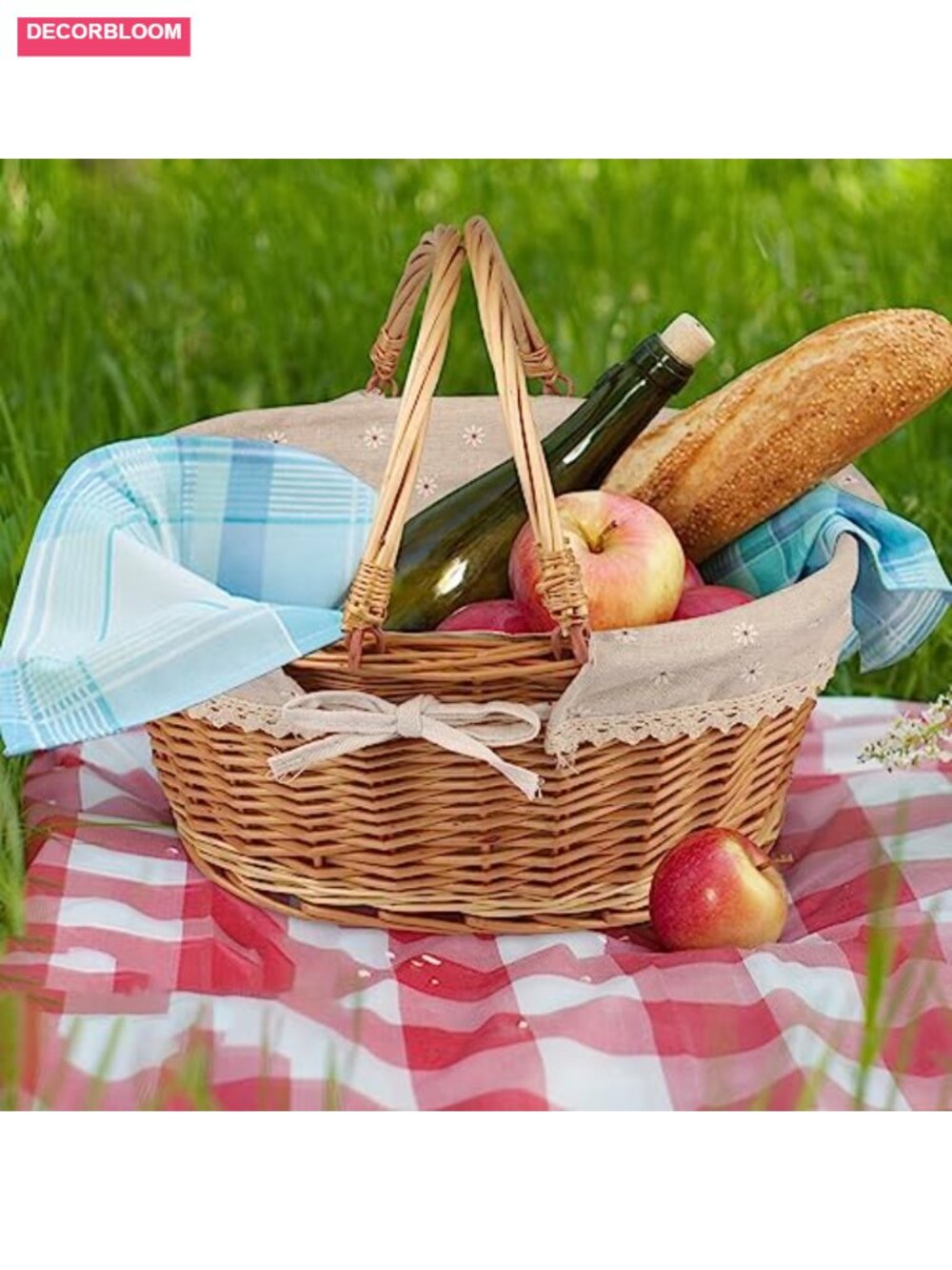 Willow Wicker Picnic Basket with Handle & Liner Oval Woven Storage Basket - Picture 5 of 6